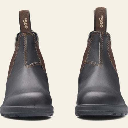 Front view of 2 Stout Brown slip-on 500 Boots, Blundstone